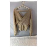 Beige ribbed knit long-sleeve sweater with a