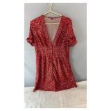 Red satin-style short-sleeve dress with white