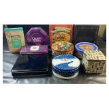 Ten decorative metal tins in assorted shapes,