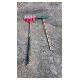 Two long-handled garden leaf rakes, including one