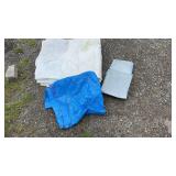 Three utility tarps in white, blue, and grey,
