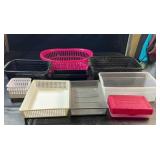 Collection of plastic and metal storage baskets,