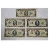 Five US $100 dollar bills - 1934