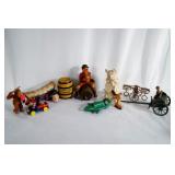 Antique assorted toys - Barrel, pig, covered wagon