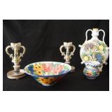 5 Italian ceramics - bowls, .candle stick..