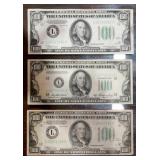 Three 1934 US 100$ Dollar bills