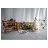 Amish doll, rush doll, early bench, Beatrix Potter