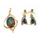 14kt Gold diamond & opal earrings & pendant