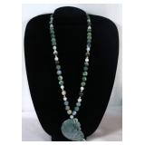 Beaded jade necklace w carved fish pendant