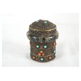 Sino-Tibetan lidded tea caddy turquoise & coral
