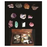 Crystal and mineral specimens with Walnut box