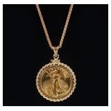 $5 dollar gold eagle coin pendant - .+ 18kt chain