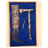 Encased Native Tomahawk & beaded tobacco bag