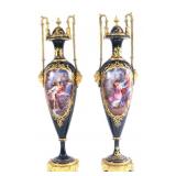 Pair Sevres Cobalt porcelain urns w ormolu