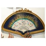 Chinese peacock feather fan in shadow box