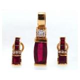 Pair of ruby and diam earrings and pendant