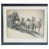 Ed Borein ink drawing "stagecoach with  book"