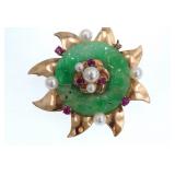 14kt Jade brooch w pearls