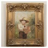 After Bennet Oil on Canvas of a Boy with His Dog