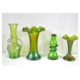 Group of 4 Bohemian Green Iridescent Glass Vases