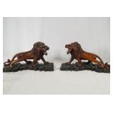 Pair of Meiji Japanese Carved Wood Lions on Plinth