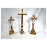 Pair Antique Lourdes France Gilt & Bone Crucifixes