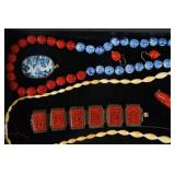 7 Chinese carved cinnabar beaded necklace, +++