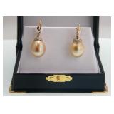 14k Gold South Sea Golden Pearl Drop Earrings