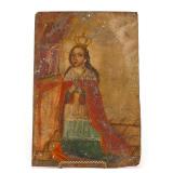 19c ST. GERTRUDE GREAT OIL ON TIN RETABLO PAINTING