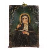 19c ST. RITA OF CASIA RETABLO OIL ON TIN PAINTING