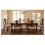 JACOBEAN REVIVAL CARVED WALNUT TABE & 6 CHAIRS