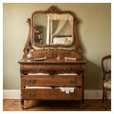 VICTORIAN TIGER OAK MIRRORED BUREAU DRESSER