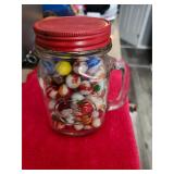 Golden Harvest Red Lid Jar & Vintage Marbles