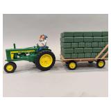 John Deere 620 NF Diecast with Hay Wagon Square Bales and Pull Behind Sprayer  19”x20” arms are broken on sprayer