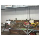 Bench grinder, vice and misc. hand tools and bench