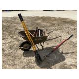 WHEELBARROW AND GARDEN TOOLS