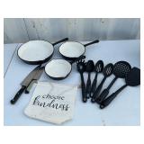(3) CAST IRON ENAMEL  SKILLETS / UTENSILS