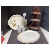 2 PLATTERS. CORNER SHELF, LAMP ETC.