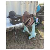ENGLISH SADDLE,BLANKET, LEAD ROPE HELMET AND STAND