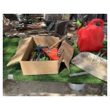 MISC. BOX OF TOOLS, 5 GAL GAS CAN, MUD BOOTS (10)