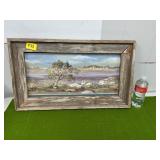 COUNTRYSIDE SCENE ON METAL W/BARN-WOOD FRAME
