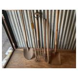 (2) SHOVELS. PICK AXE, RAKE, HOE, PITCH FORK