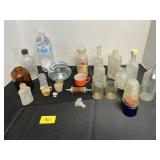 VINTAGE CUP & GLASS BOTTLES ETC