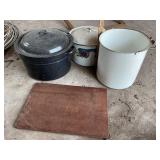 (3) VINTAGE POTS AND CUTTING BOARD