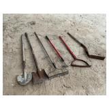 (2) SHOVELS, RAKE, GRUBBING HOE, WEED WACKER