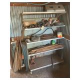CORNER LOT WITH WOODEN HANDLES, AIR HOSE SHELVING