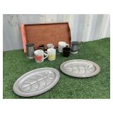 CUPS, CANISTERS AND PEWTER, PLATTER