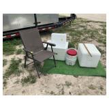 FOLDING CHAIR, 2 GAL. WATER JUG, 2 COOLERS