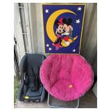 CAR SEAT, KIDS CHAIR, & MICKEY MOUSE PICTURE