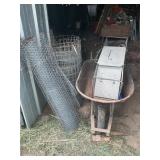 WHEELBARROW, LIVE TRAP,CHICKEN WIRE,ROLL OF FENCE